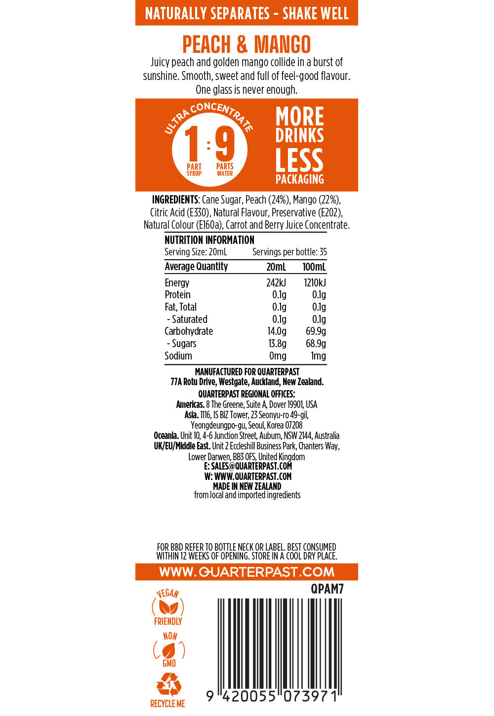 Peach & Mango Cordial 700mL